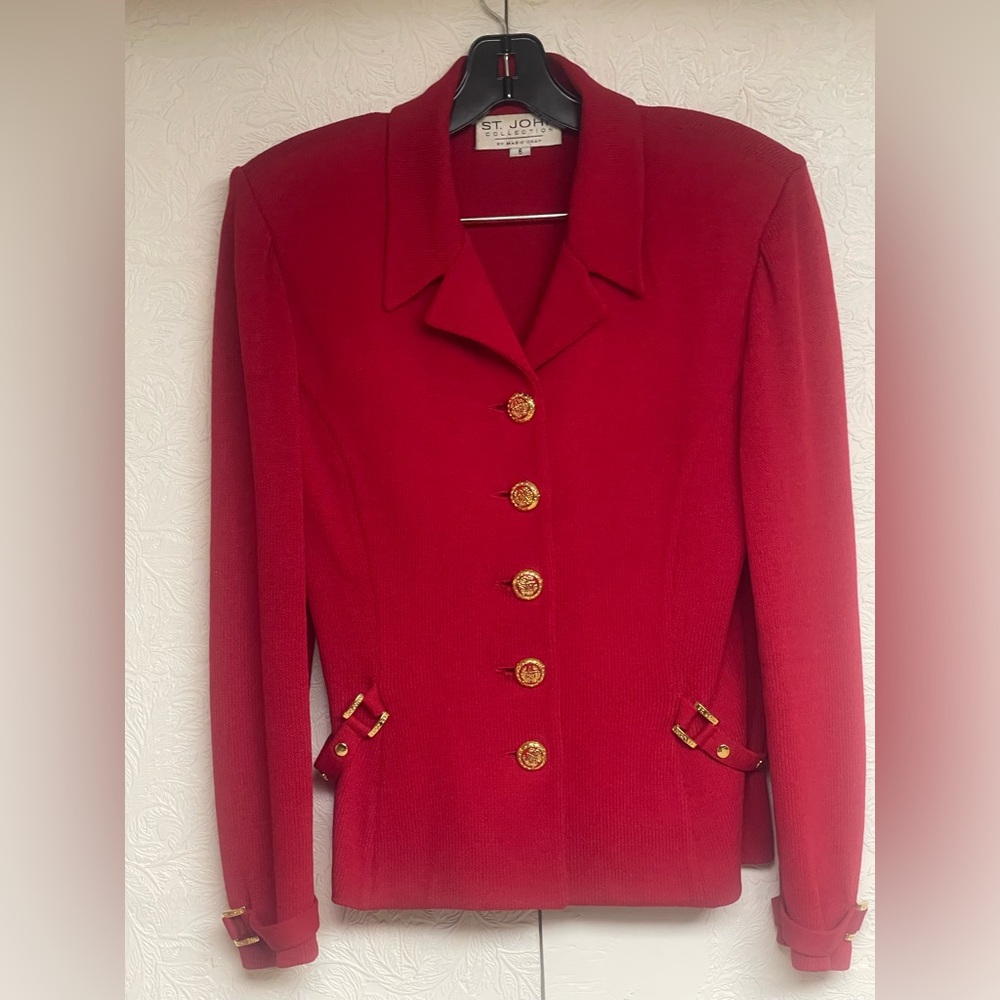St John Red Blazer with Gold Buttons and decorative sleeves.